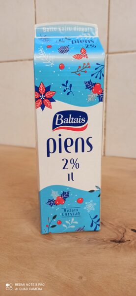 Piens 2% 1l, Baltais